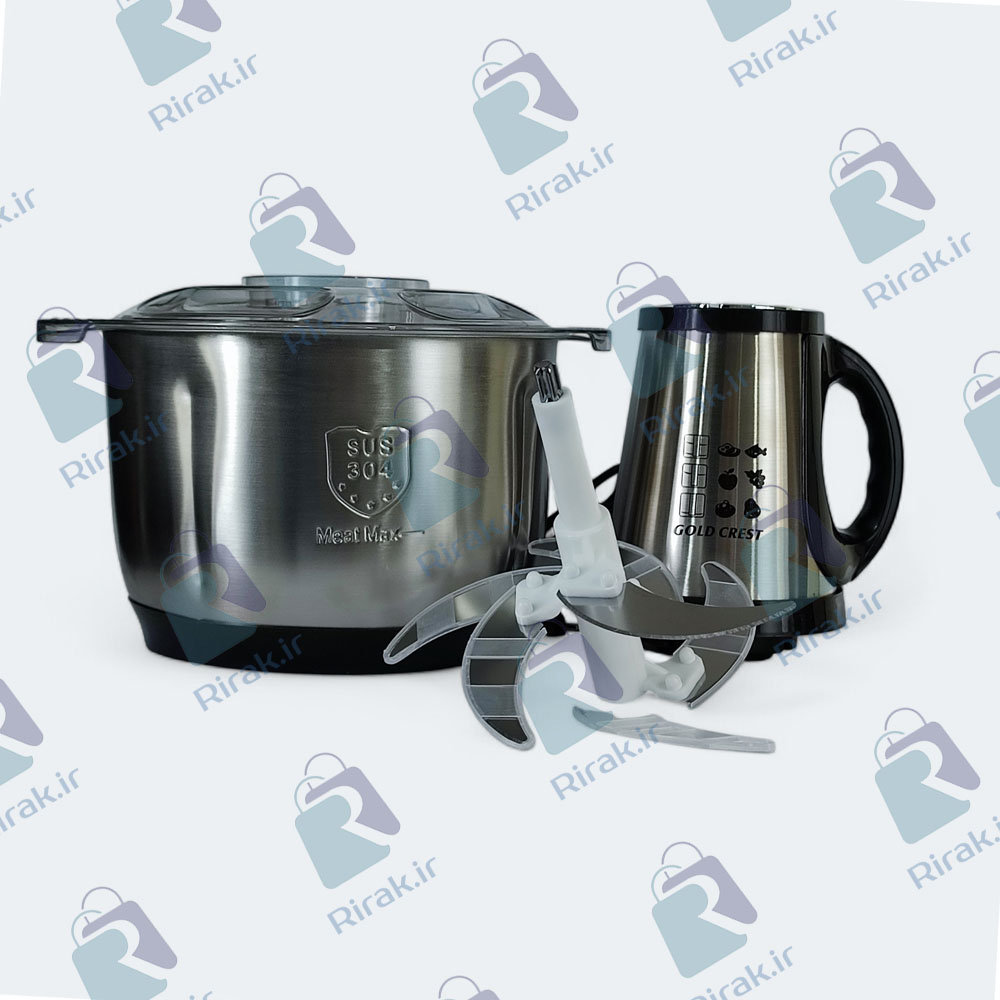 موتور خردکن گلدکرست 5 لیتری در کنار 5 تیغه تیز و ظرف استیل